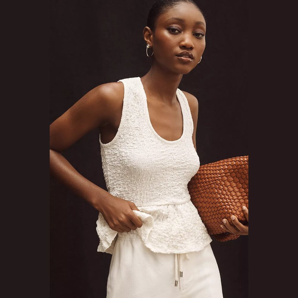 NEW Maeve - Size L, Women's Textured Peplum Tank Top - White